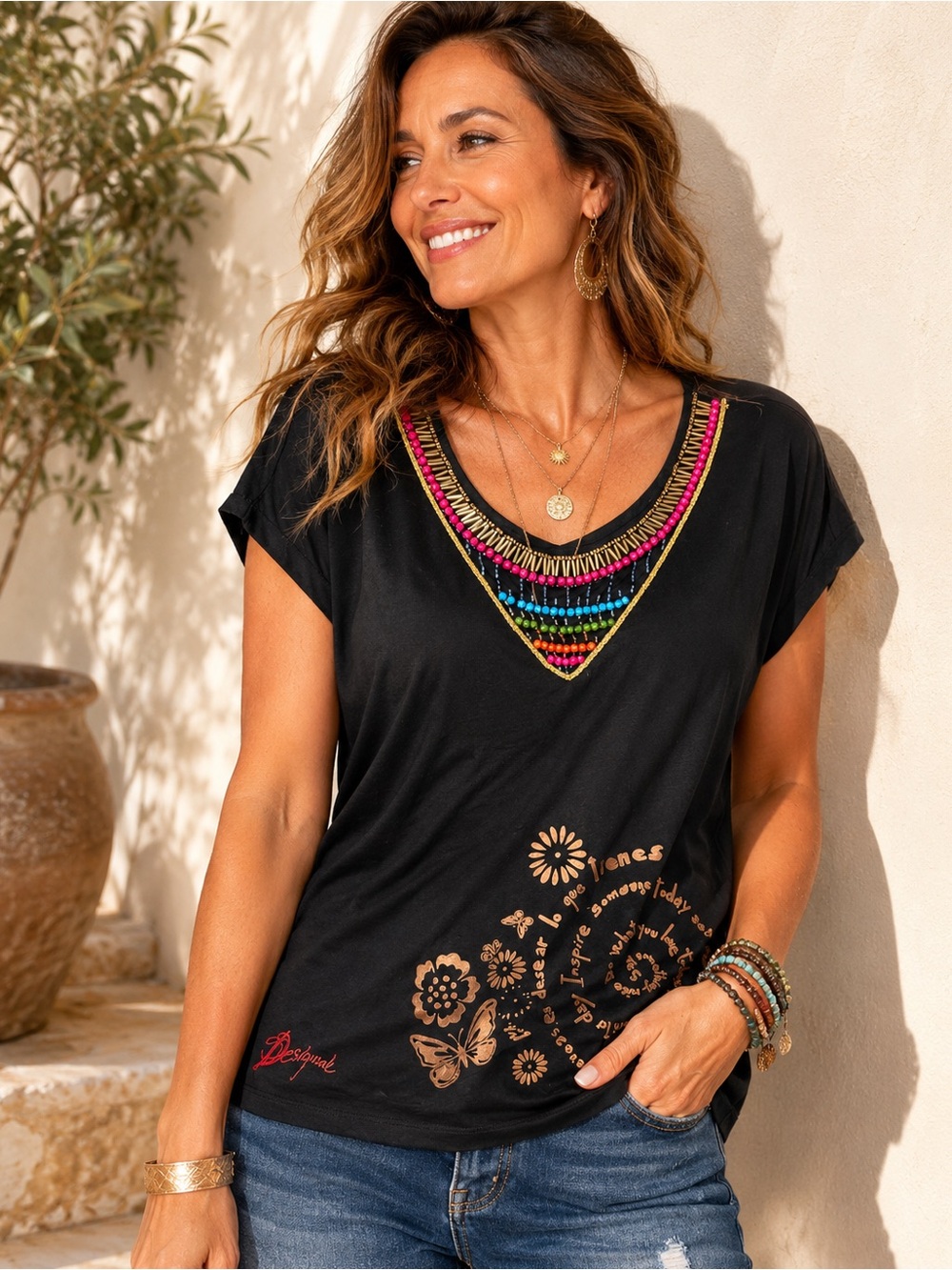 Desigual Black Beaded Neckline Graphic Tunic Top Boho Size M